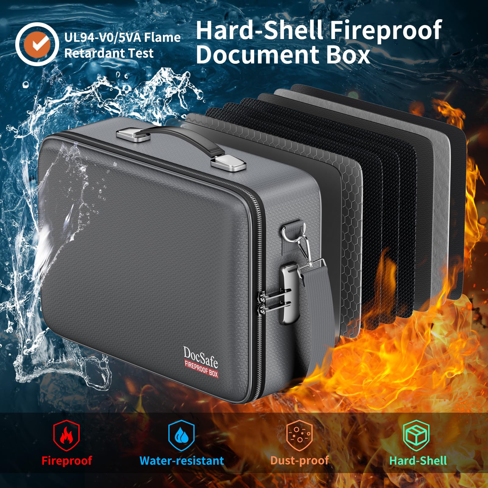 DocSafe Fireproof Document Box Hard Case with Lock ＆ Accordion File Folder