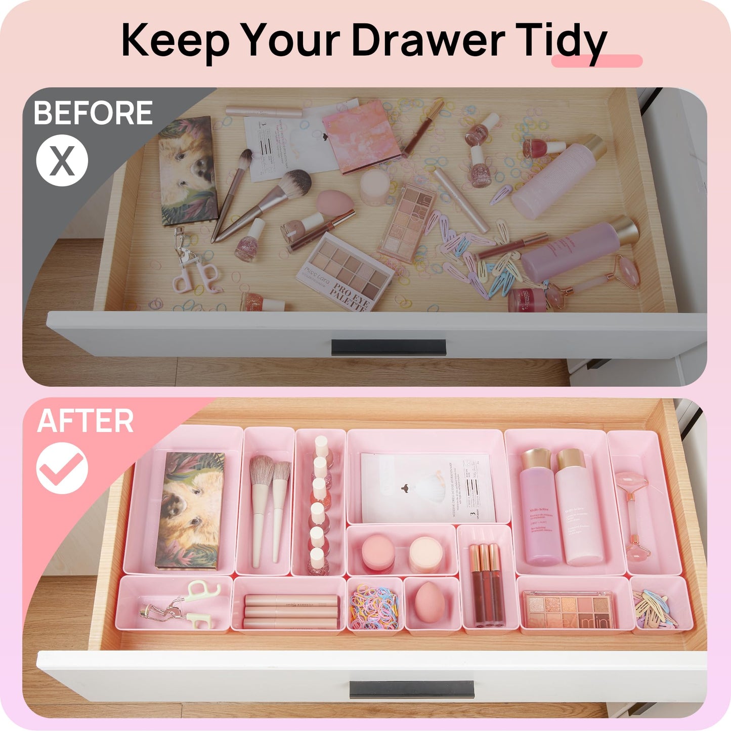 Vtopmart 44 PCS Plastic Drawer Organizers Set, Vanity Organizer Trays, Pink