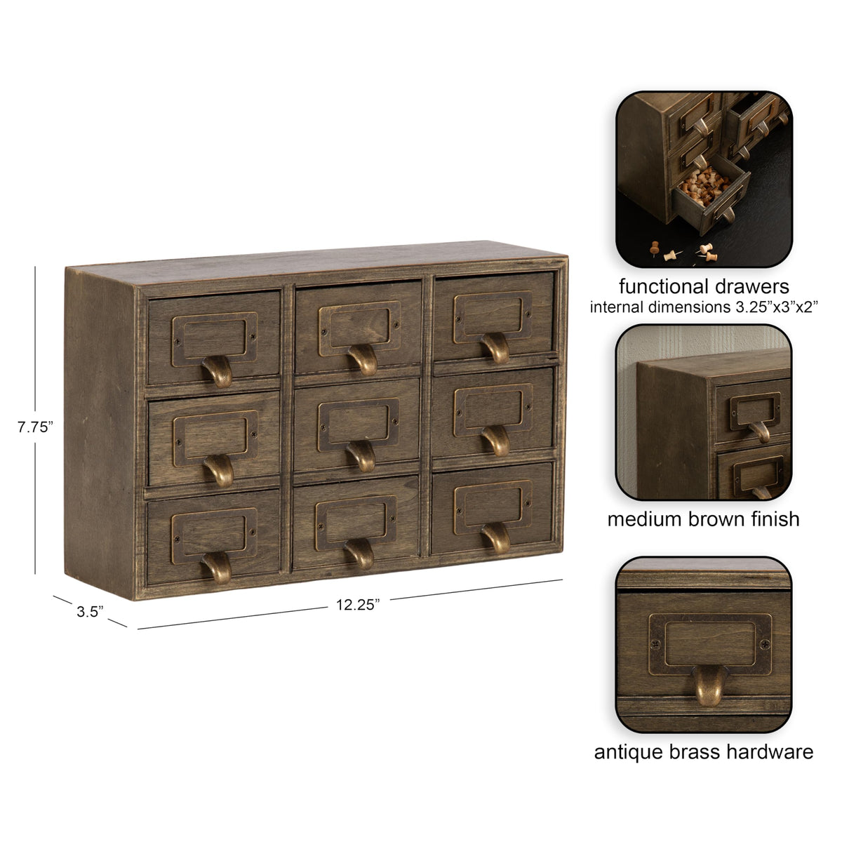 Kate and Laurel Apothecary Wood Desk Drawer Set, 9 Drawers, Rustic Brown