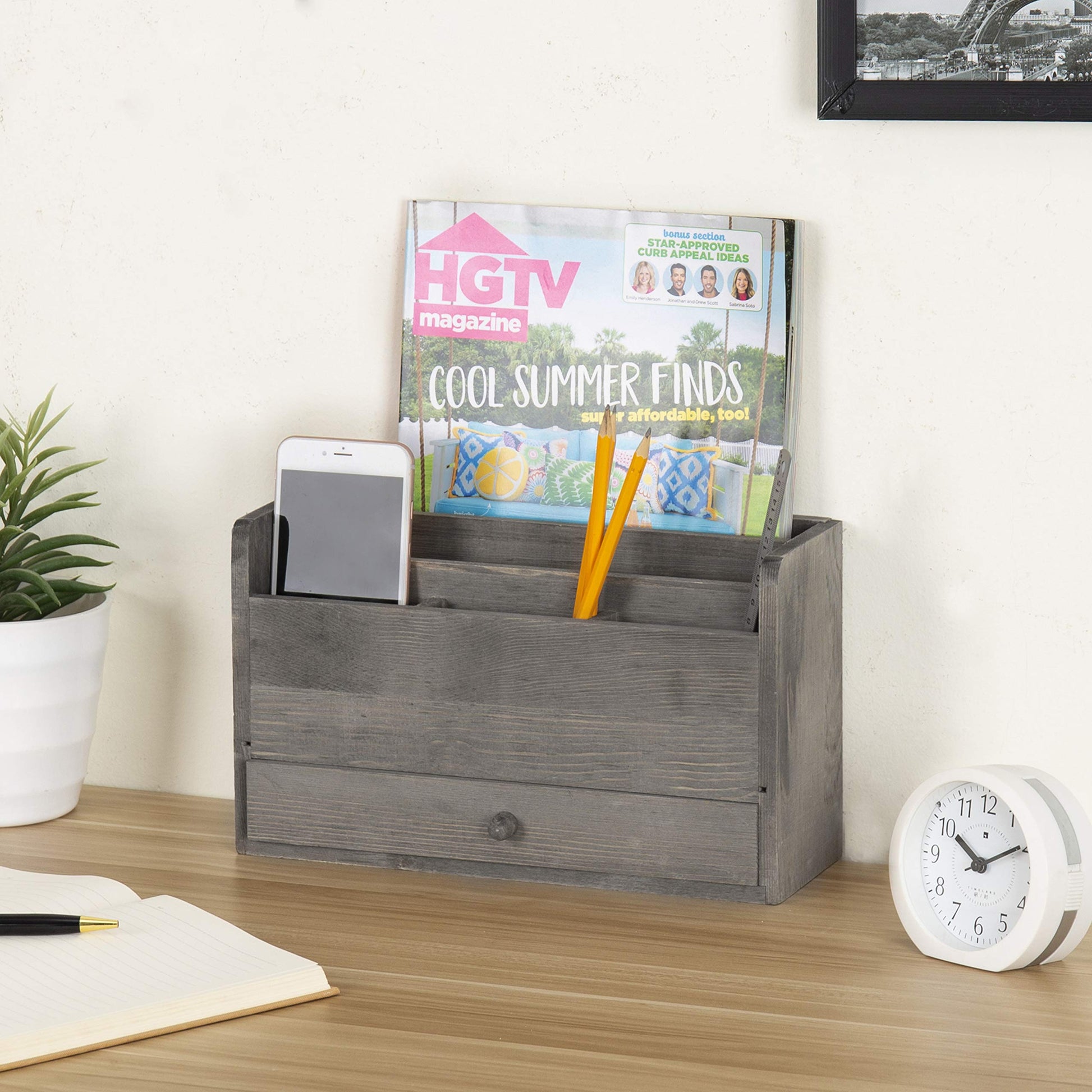 MyGift Rustic Gray Solid Wood Office Desk Supplies and Stationery Organizer, 5 Slot Wooden Desktop