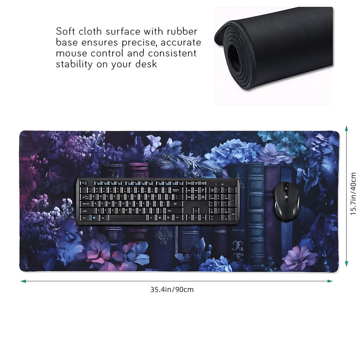 Floral Aesthetic Book Gaming Mouse Pad, Purple Dark Romanticism Desk Mat with Anti-Slip Base &