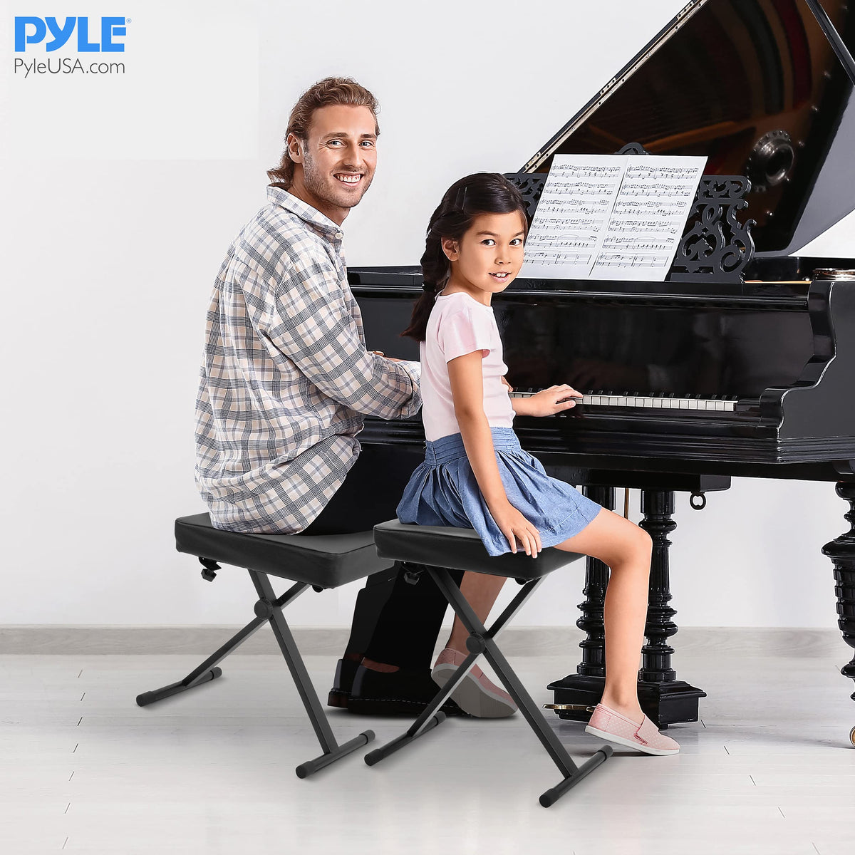 Adjustable Padded Keyboard Bench - X-Style Bench with Three Holes on Each Leg, 4 Non-Slip Rubber