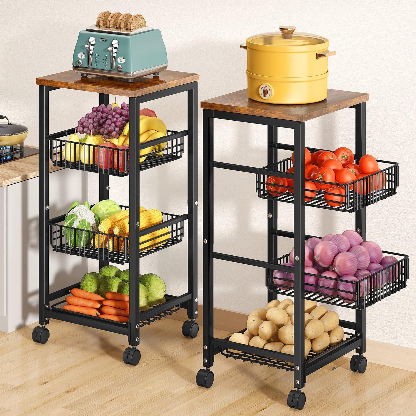 SNTD Fruit Basket Stand for Kitchen with Pull Out Vegetable Baskets, Black