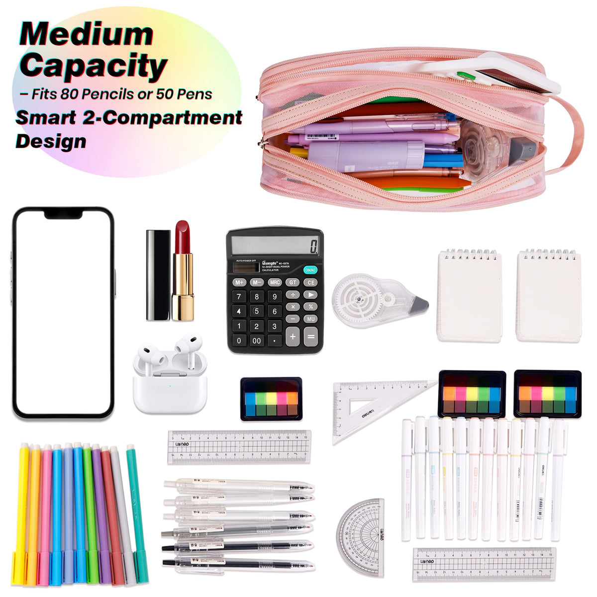 Hsmihair Large Grid Mesh Pencil Case, 2 Compartment Pen Pouch with Zipper, Clear Handheld
