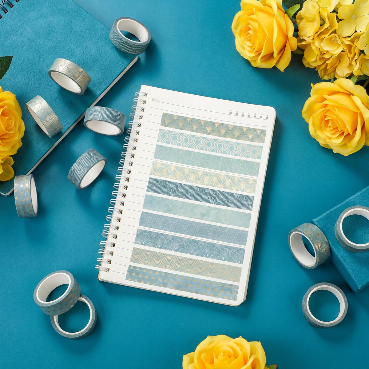 YooNotee 12 Rolls Floral Washi Tape Set,Teal Color,Art Deco