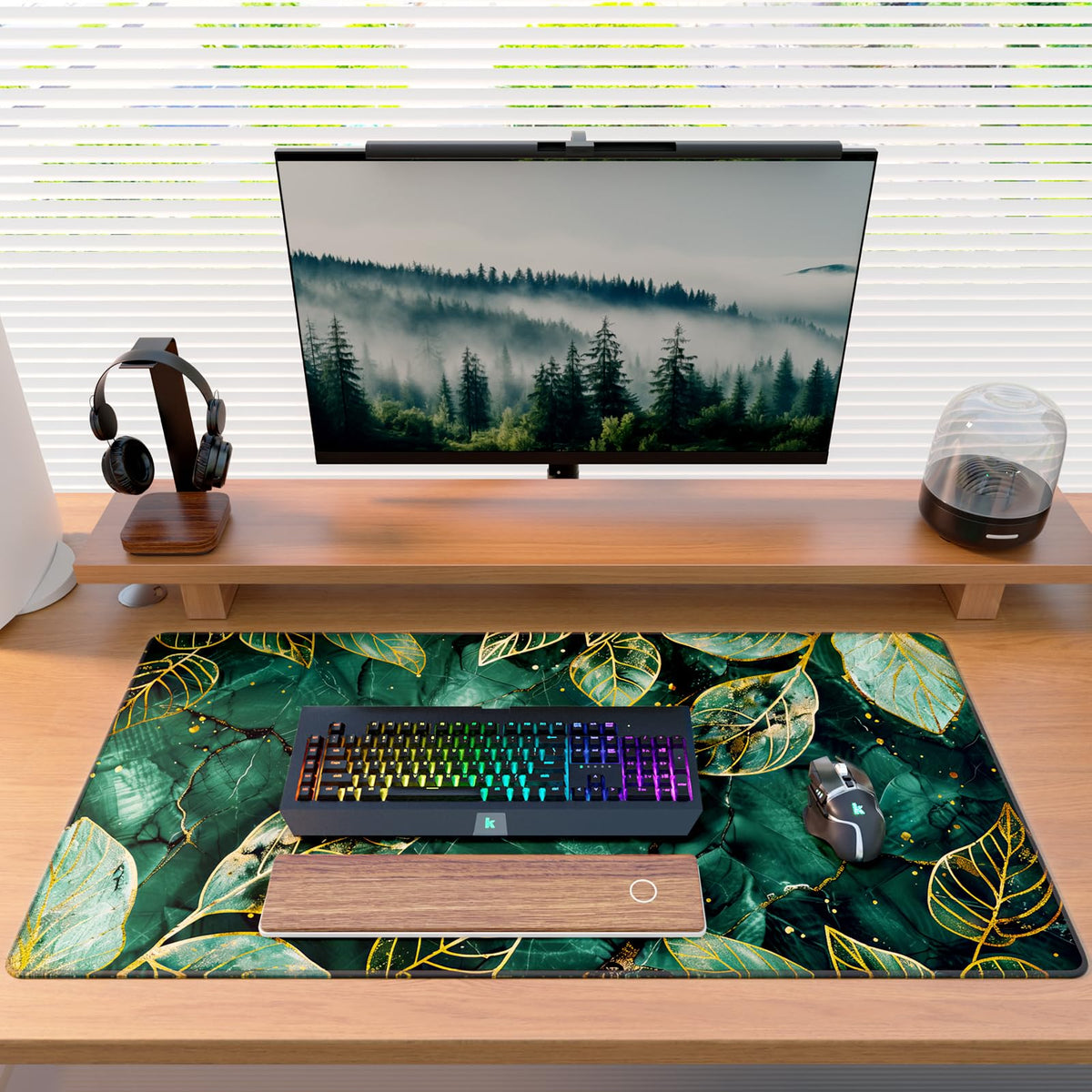 KTRIO Large Gaming Mouse Pad, Desk Mat, 31.5 x 15.7 in, Green Leaves, XXL