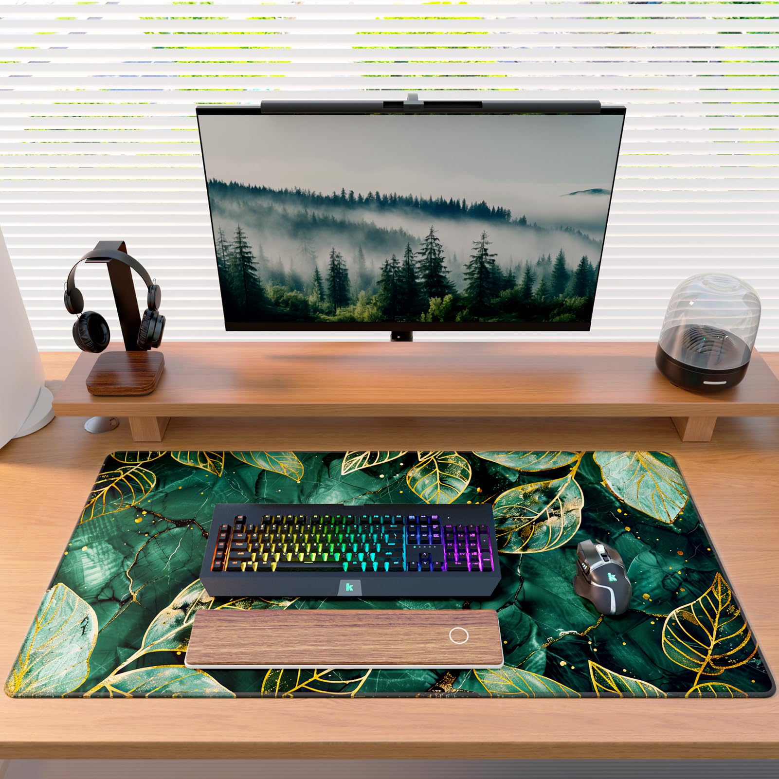 KTRIO Large Gaming Mouse Pad, Desk Mat, 31.5 x 15.7 in, Green Leaves, XXL