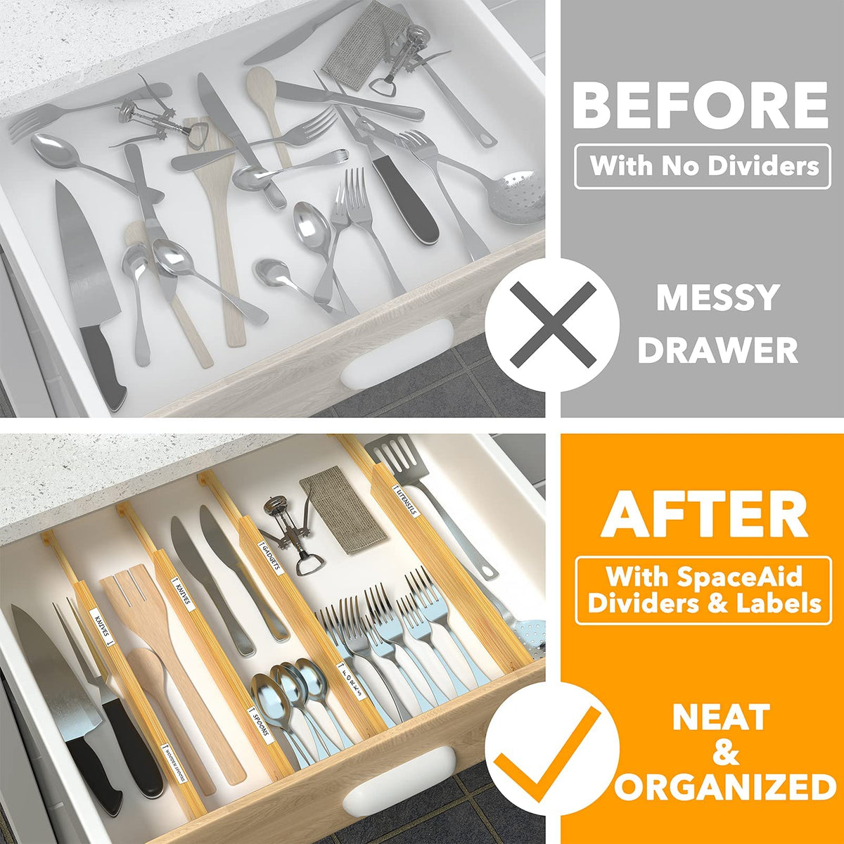 SpaceAid Bamboo Drawer Dividers (Need 2.35" Deep Drawer) Kitchen Adjustable Drawer Organizers