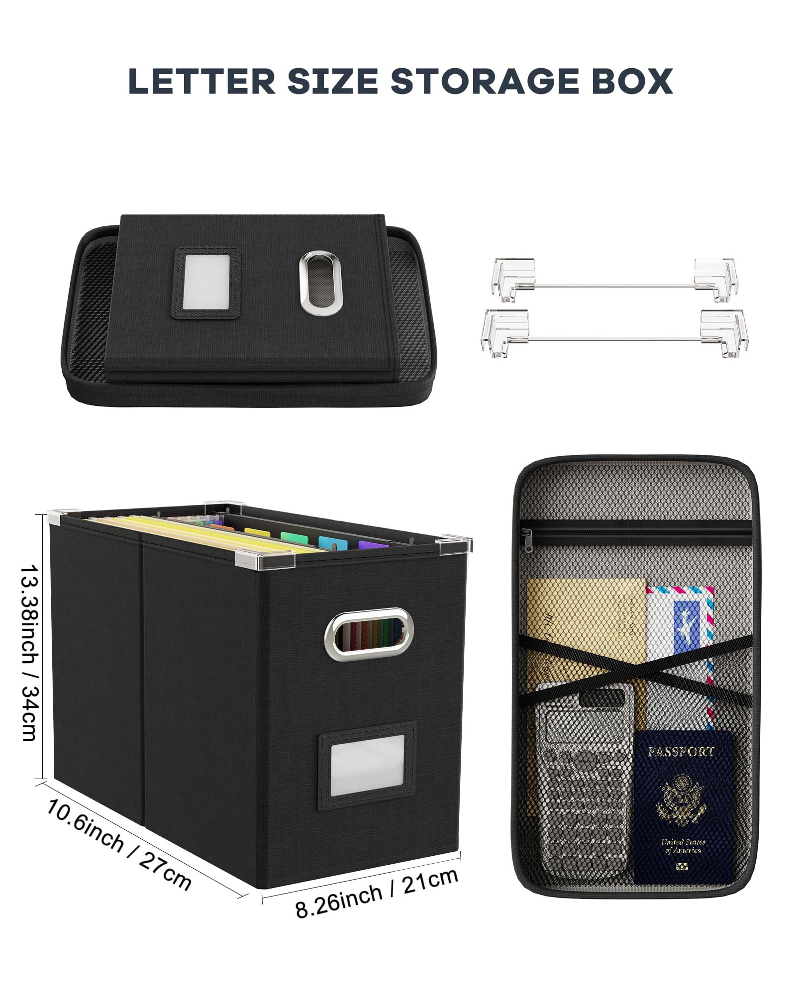 Oterri File Organizer Box with Lid, Hanging Filing File Box with Mesh Pocket, Document Organizer