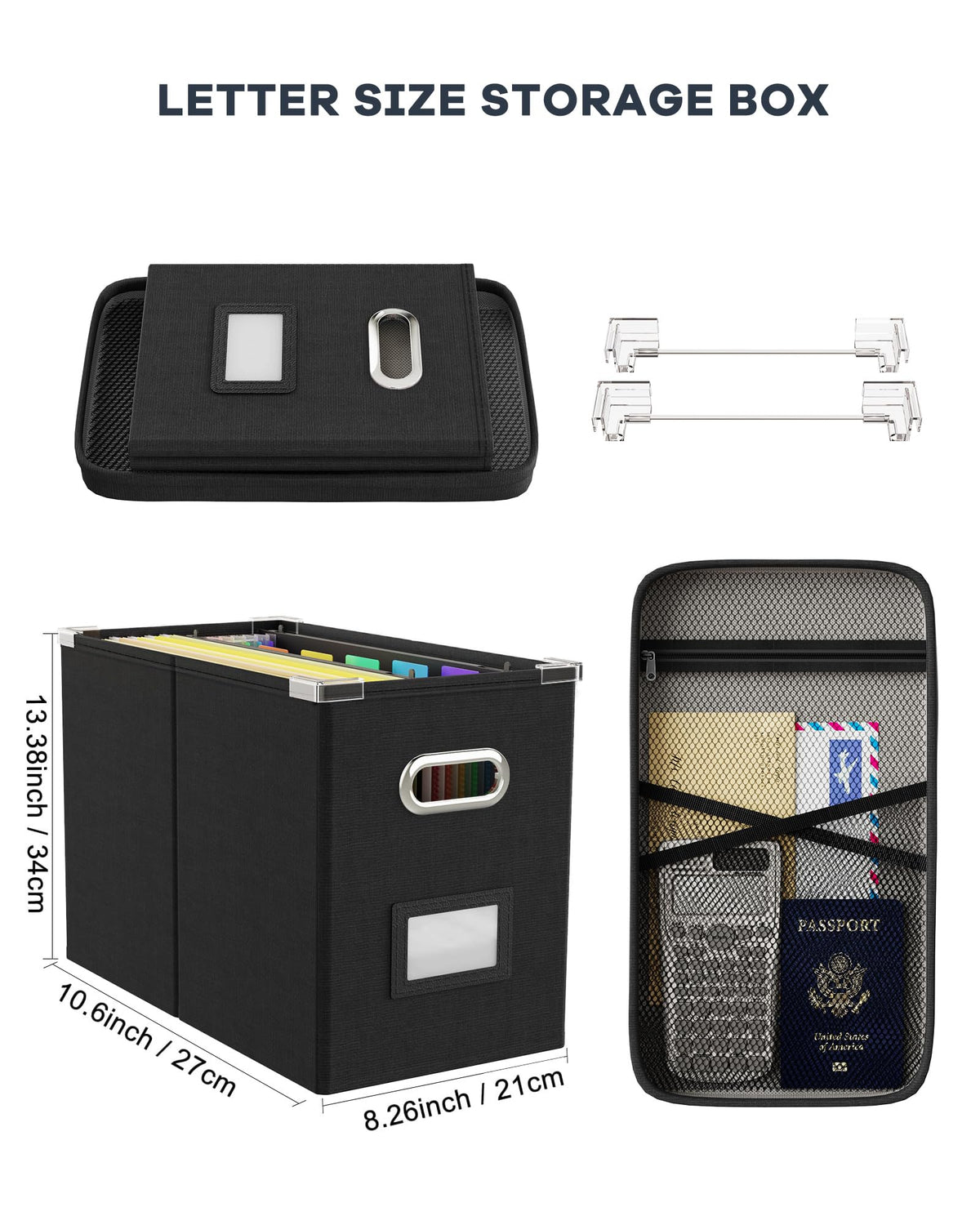 Oterri File Organizer Box with Lid, Hanging Filing File Box with Mesh Pocket, Document Organizer