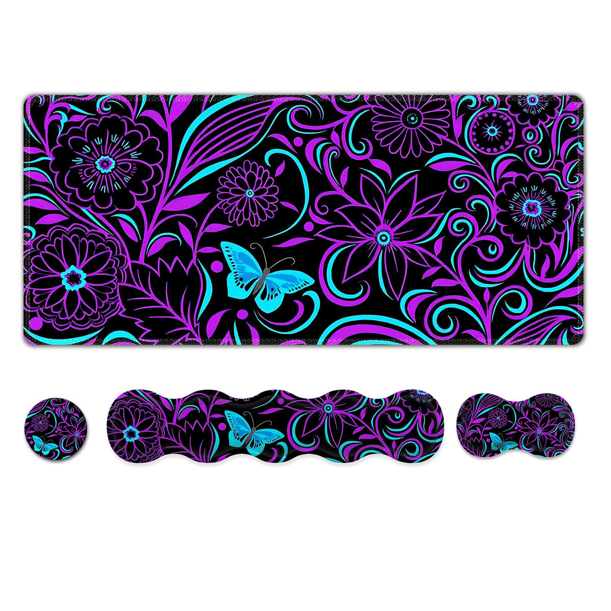 ARTSO Purple Desk Mat, Large Gaming Mouse Pad with Wrist Rest, Flower Butterfly XXL