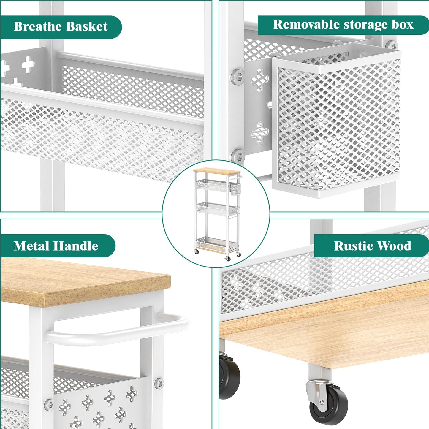 XYZLVSI Slim Rolling Storage Cart, 4 Tier Narrow Shelf for Small Spaces