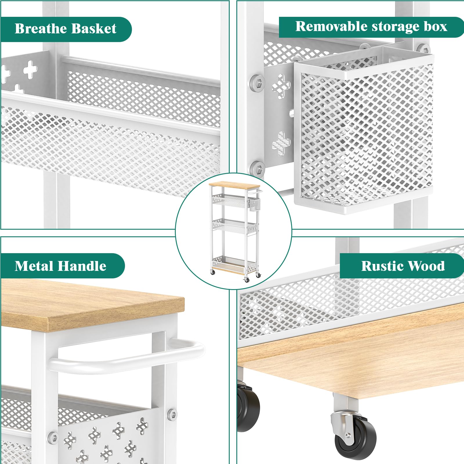 XYZLVSI Slim Rolling Storage Cart, 4 Tier Narrow Shelf for Small Spaces