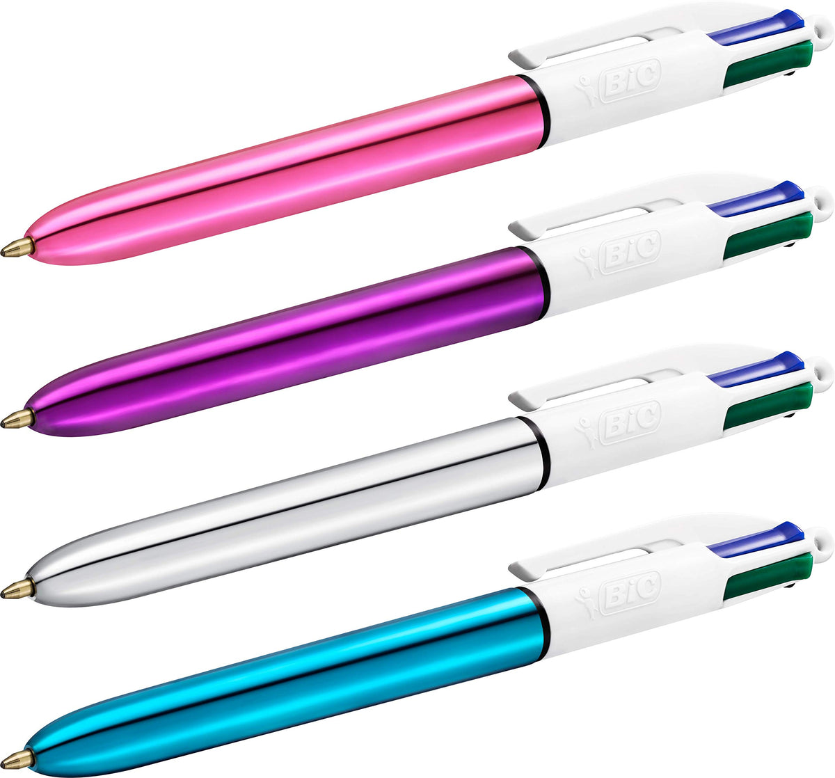 BIC 4 Colours Shine Ballpoint Pens - Box of 12 - Metallic Pink Body with 4 Ink Colours (Blue