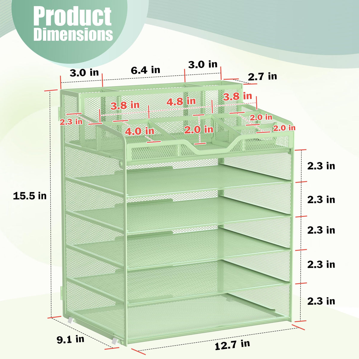 Docnest 6 Tier Mesh Desk Organizer with Letter Tray & Paper Sorter, Green