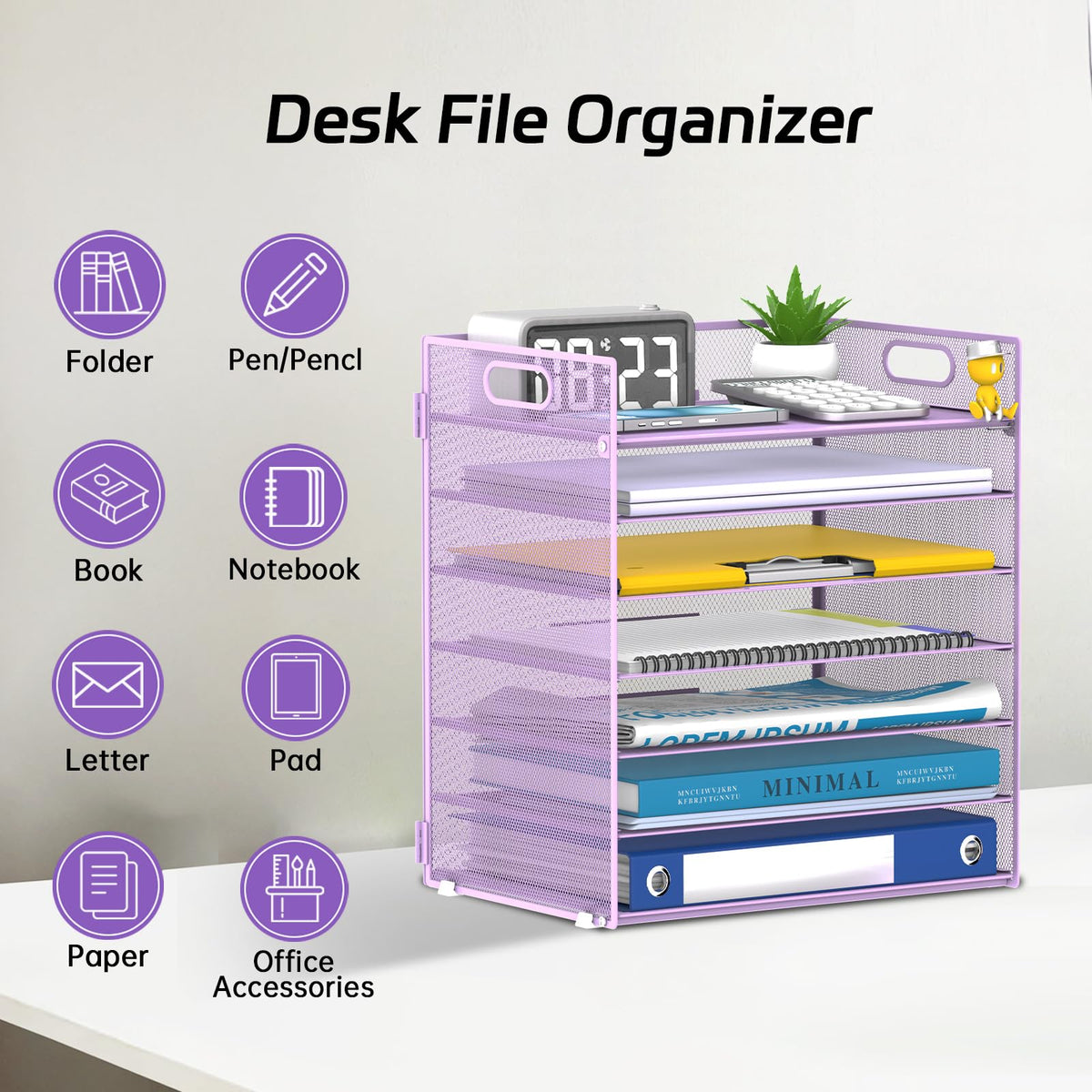 7 Tier Paper Organizer for Desk with Mesh Letter Trays and Handle Purple