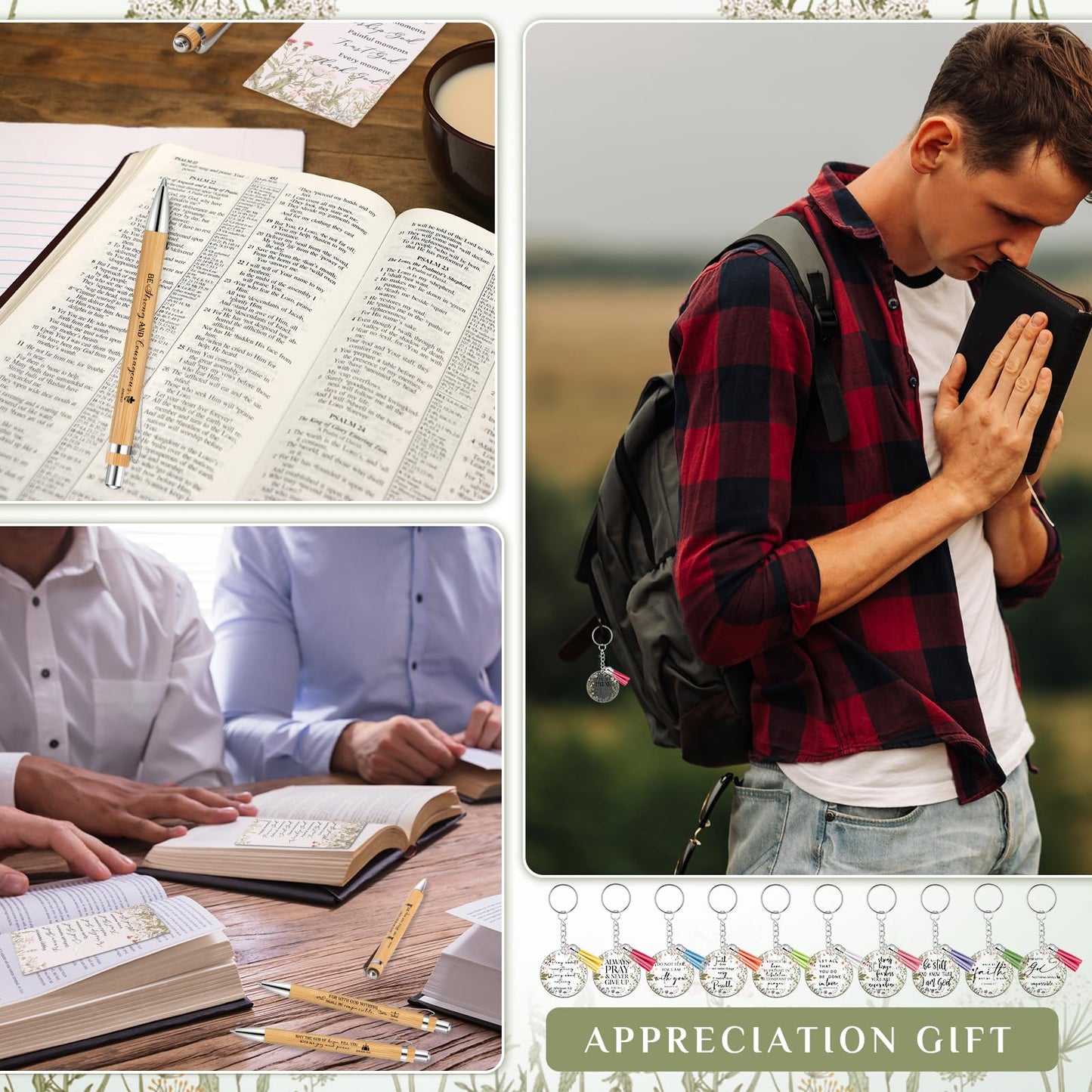 Spakon 50 Sets Christian Gifts Bulk Bible Verse Pens Keychain, Bible