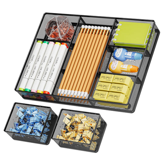 Marbrasse 3 Packs Desk Drawer Organizers, Metal Mesh Dividers Desk Drawer Organizer Tray with 9
