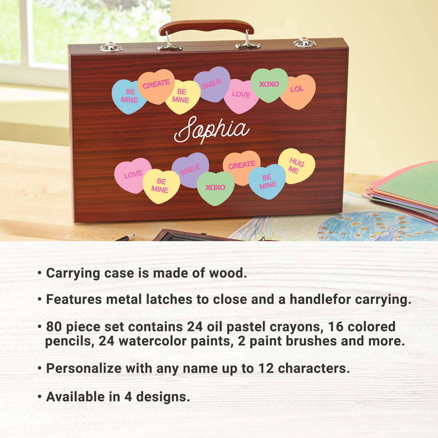 Let's Make Memories Personalized 80-Piece Deluxe Art Set - for Kids - Wood Carrying Case - Oil