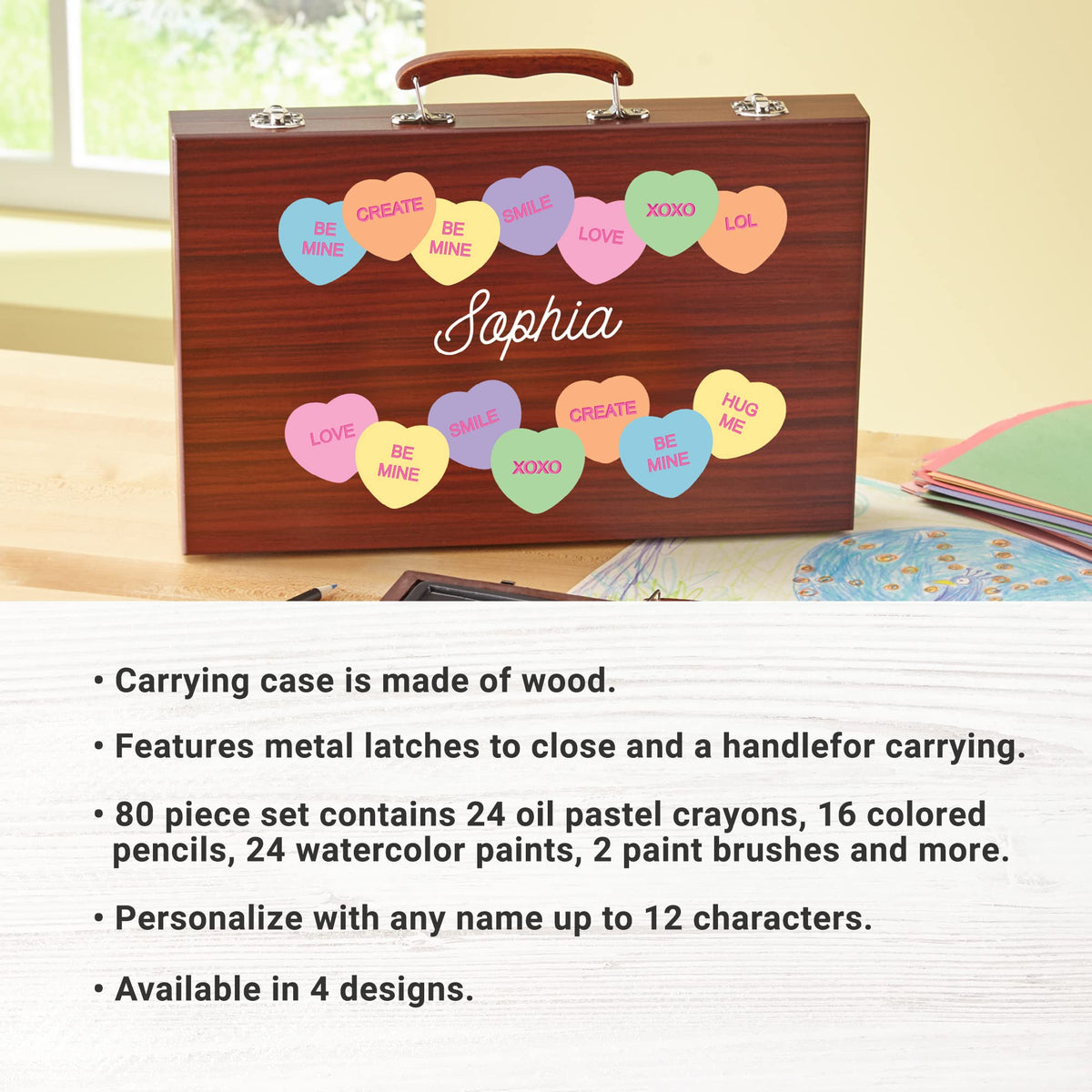Let's Make Memories Personalized 80-Piece Deluxe Art Set - for Kids - Wood Carrying Case - Oil