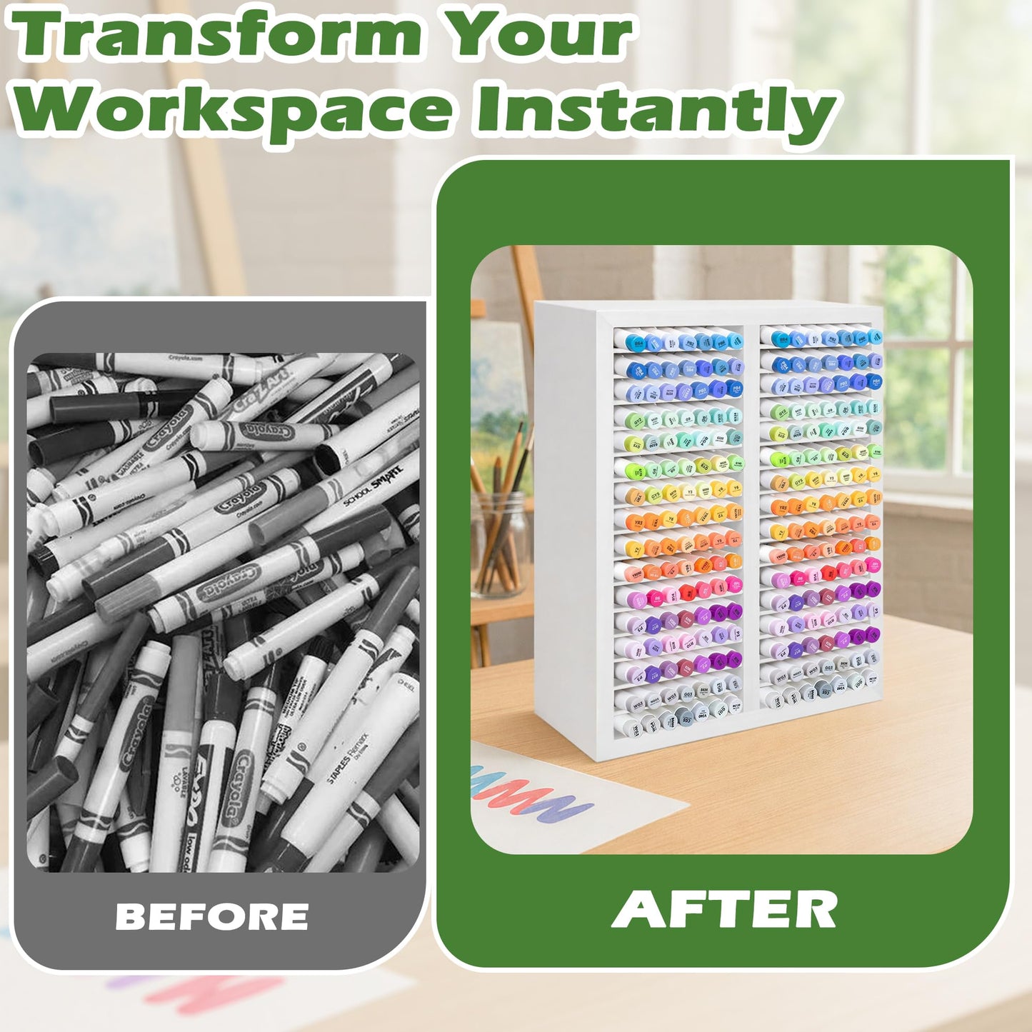 PROLEE Marker Organizer for 224 Markers, Wooden Alcohol Marker Holder with 32 Compartments