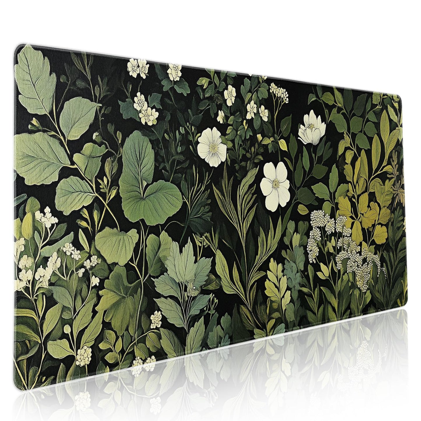 Green Leaves Mouse Pad XXL Botanical Plants Beige Floral Extended Table Mat 90X40 cm Non-Slip