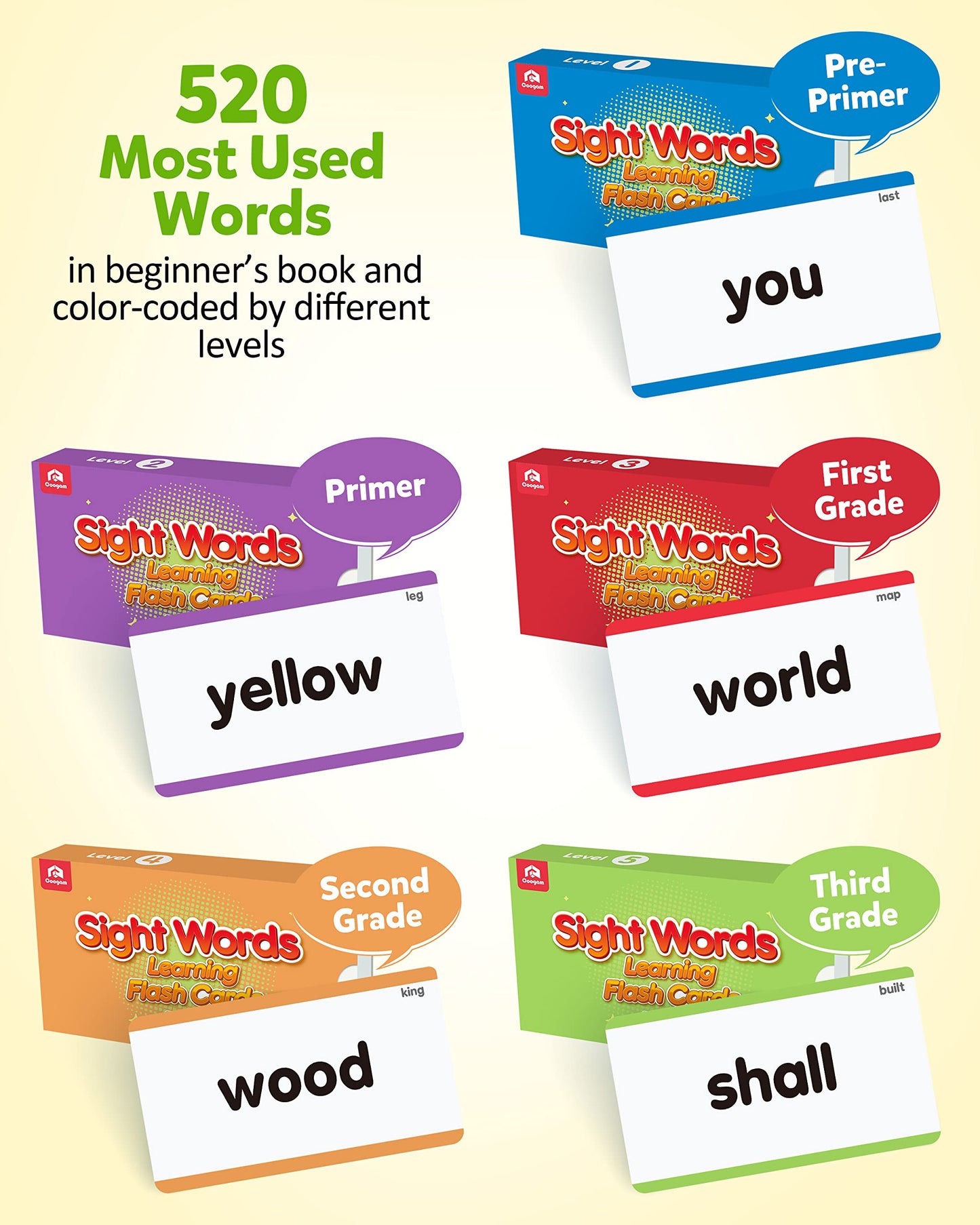 Coogam 520 Sight Words Learning Vocabulary Flash Cards, Dolch Fry High Frequency Sight Word