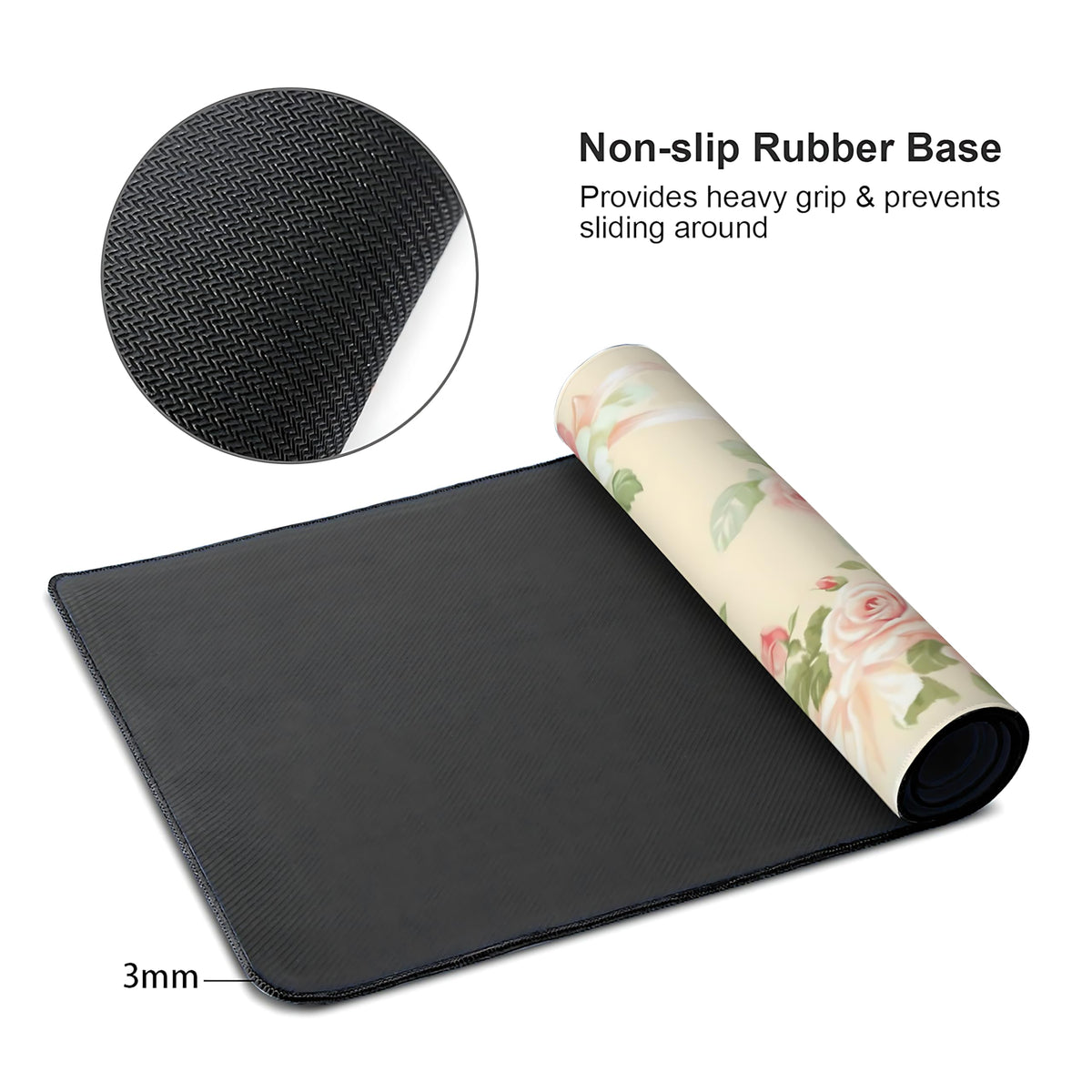 Cute Floral Aesthetic Rose Gaming Mouse Pad, Pink Macaron Desk Mat with Anti-Slip Base & Stitched