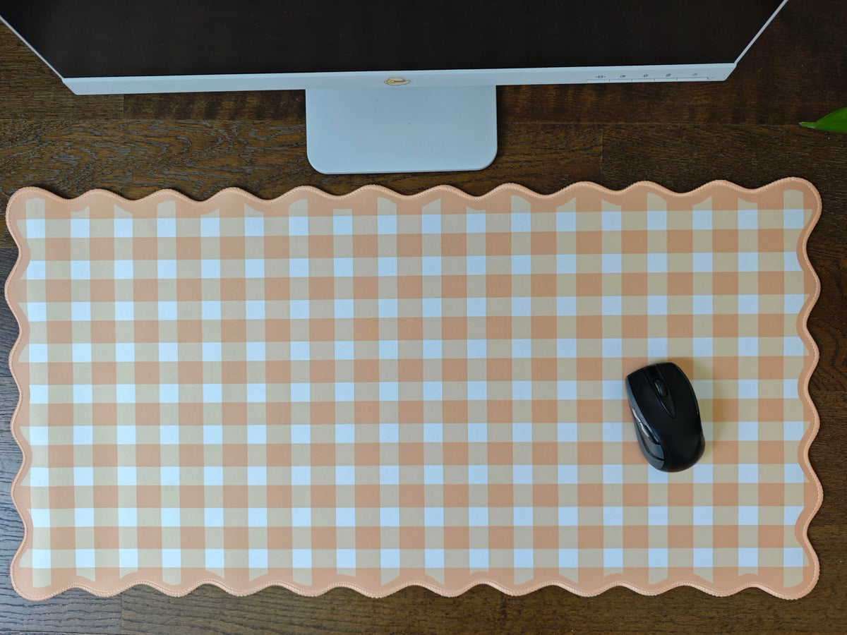 Scalloped‌ Orange Checkered Gingham Desk Mat Cute Pastel Large Mouse Pad Kawaii Cottagecore