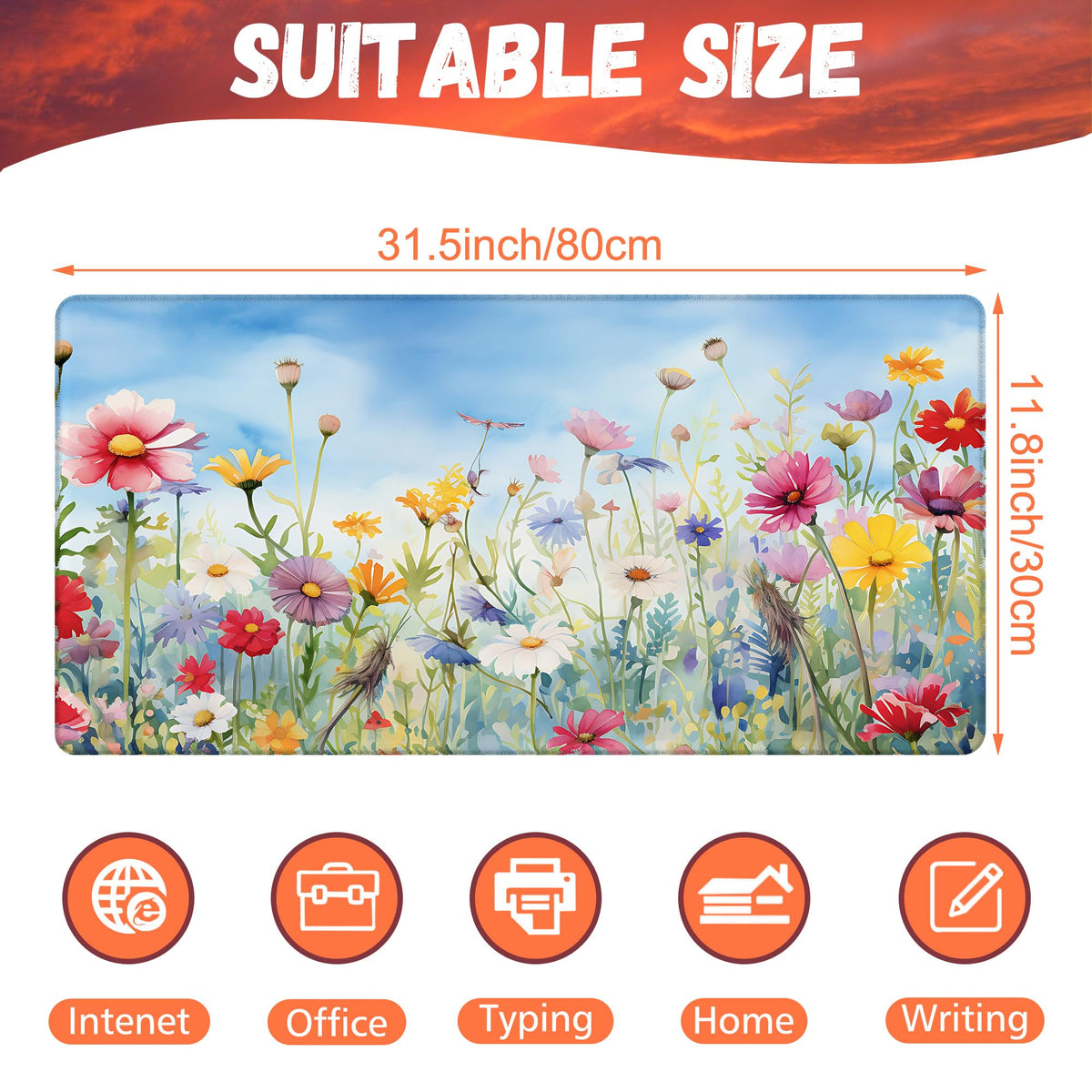 KOAIWPAE Large Gaming Mouse Pad, Colorful Wildflowers in Field Desk Mat, Watercolor Flowers Desk