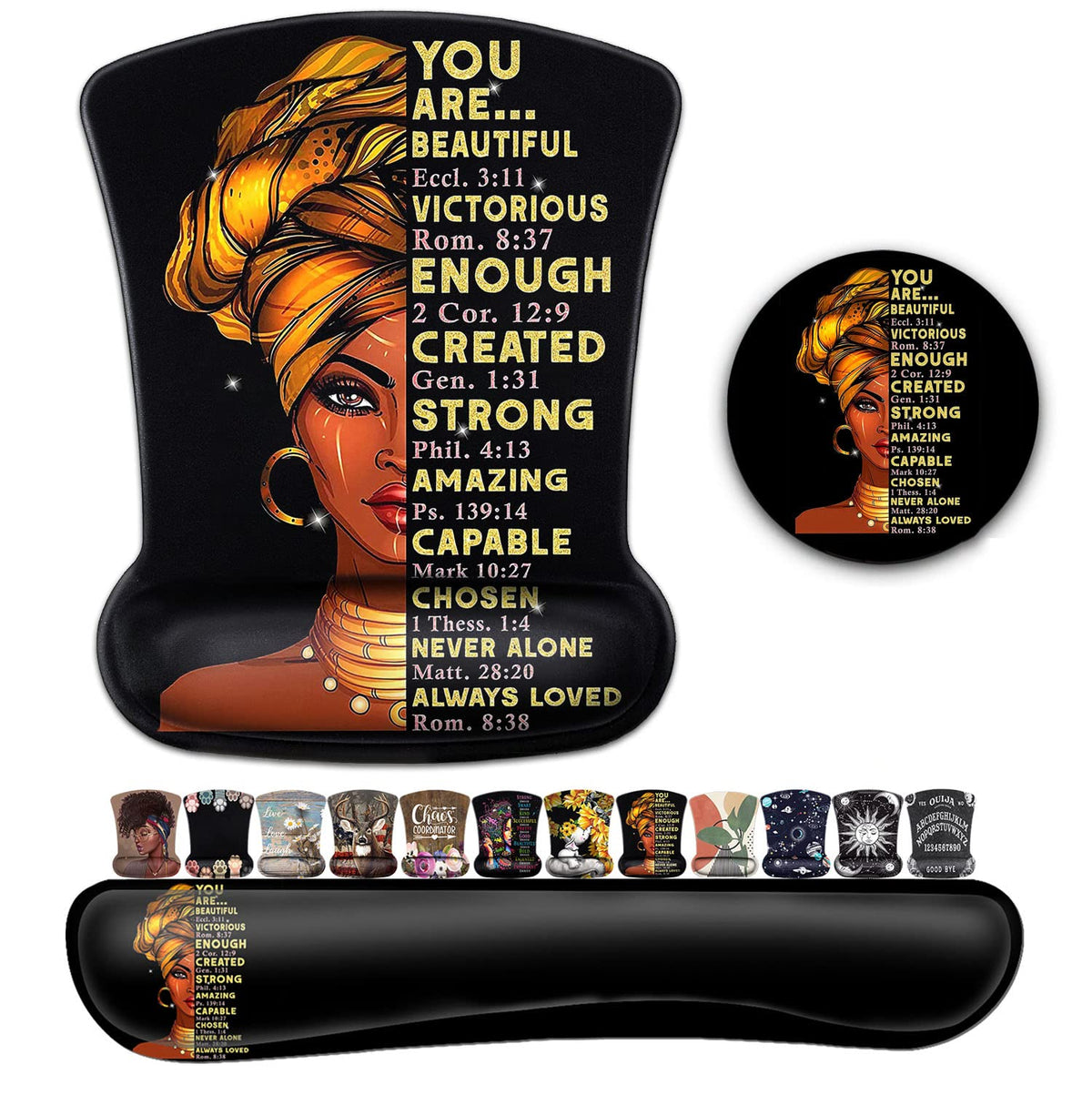 Black Mouse Pad with Stitched Edge, Non-Slip Rubber Base, African American Wall Art Black Woman