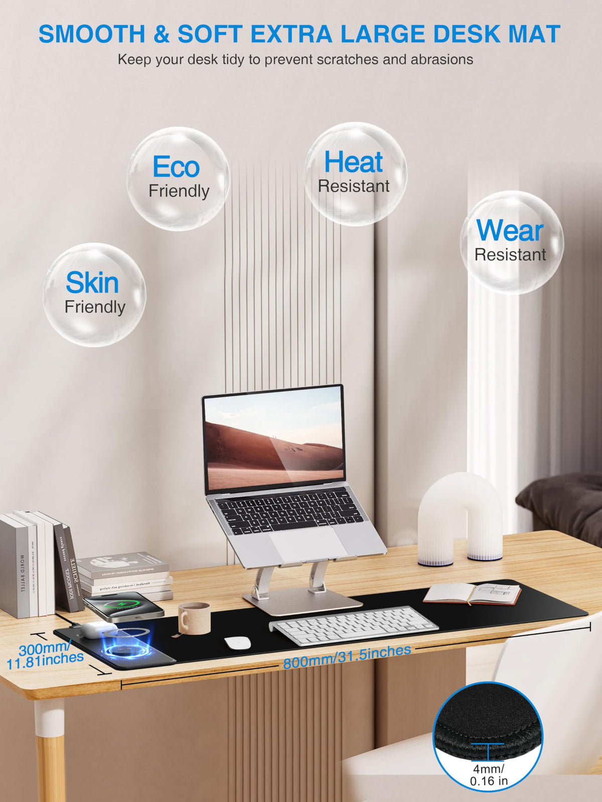 Mouse Pad with 15W Wireless Charging, 31.5"x11.81" XL Large Desk Mat