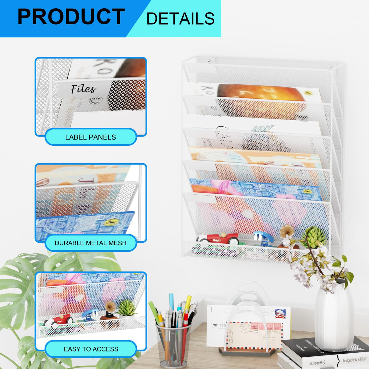 GDINDINFAN Wall File Organizer Holder Mesh Hanging Paper Document Holder,Vertical 6 Pocket Tier for