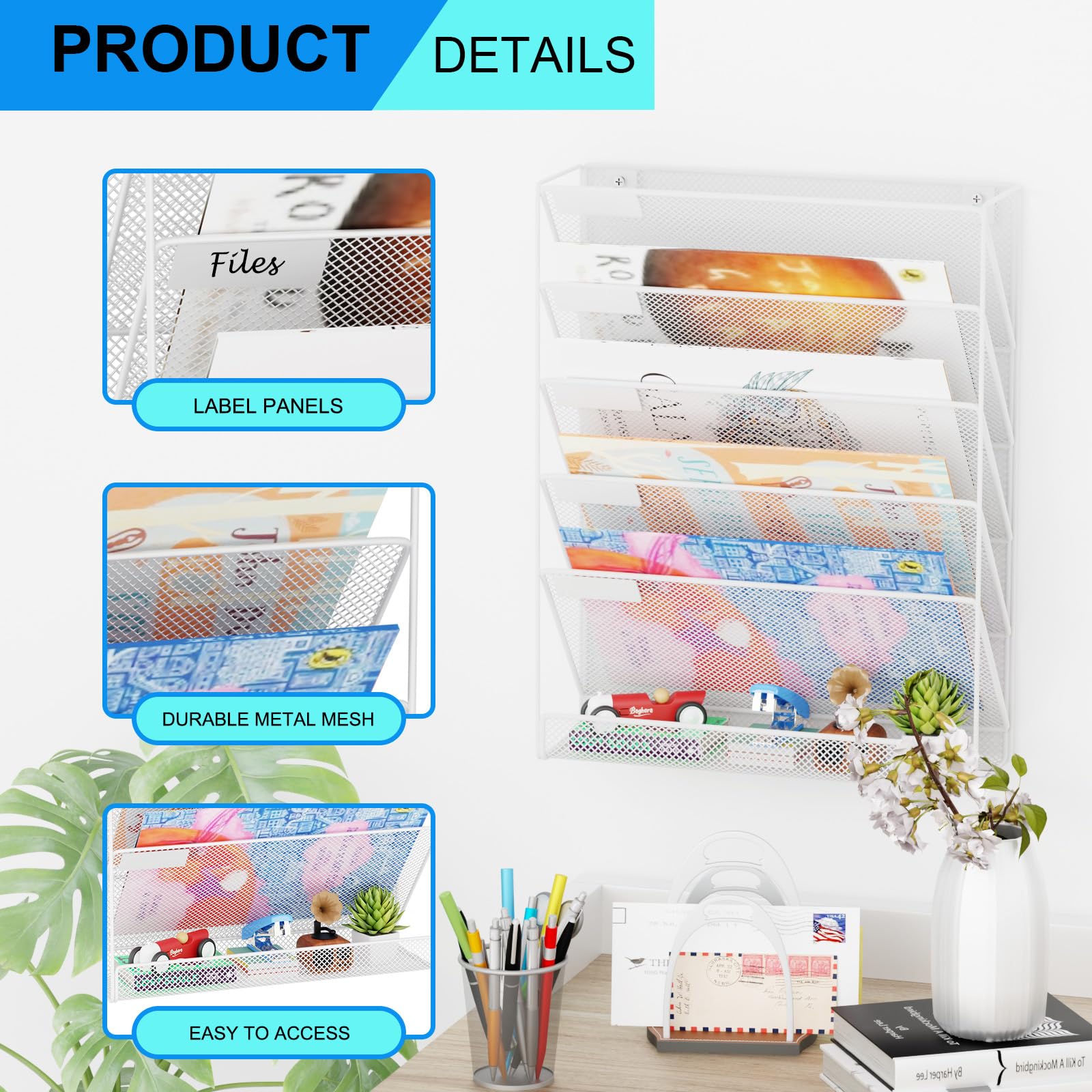 GDINDINFAN Wall File Organizer Holder Mesh Hanging Paper Document Holder,Vertical 6 Pocket Tier for