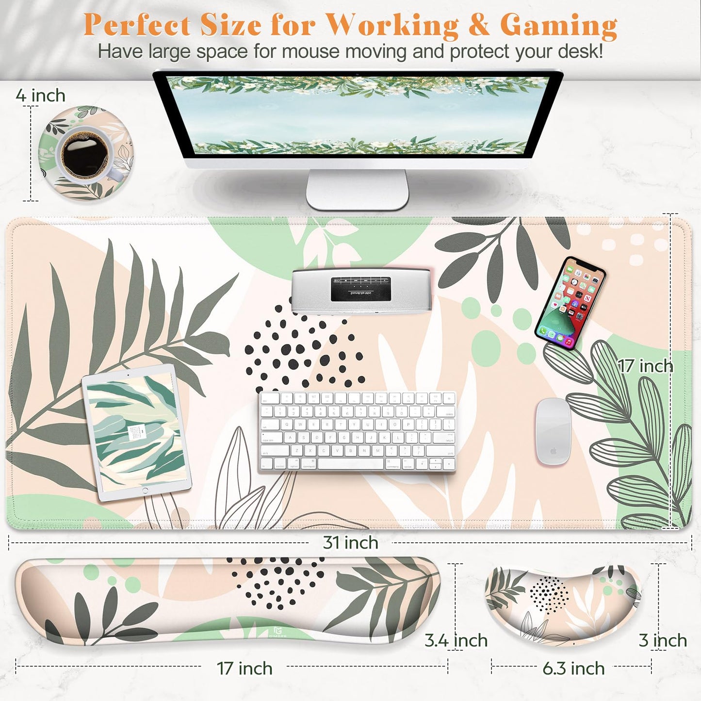 Gimars 4 in 1 Mouse Pad and Keyboard Wrist Rest Set, Large Mouse Pad with Memory Foam Wrist Support