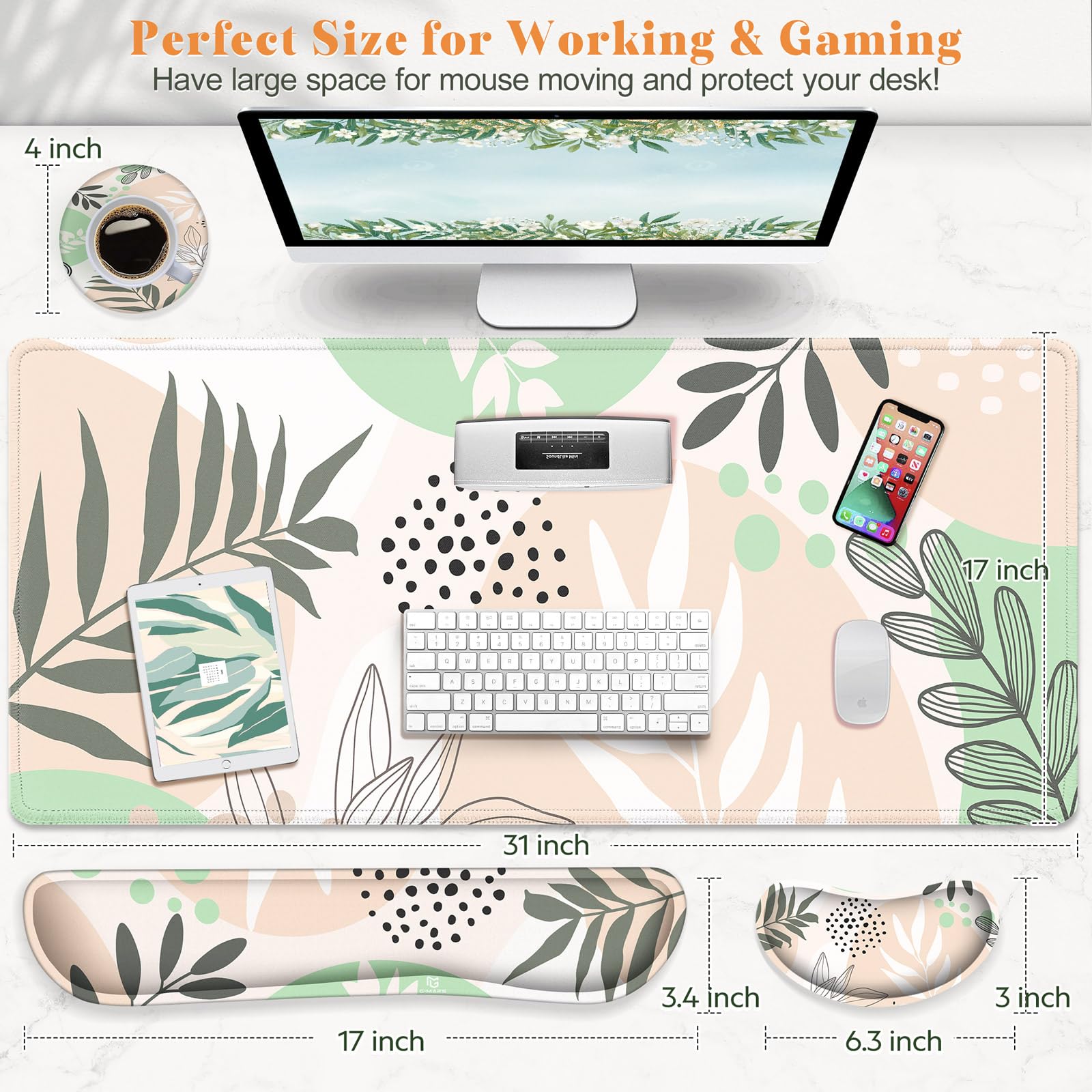 Gimars 4 in 1 Mouse Pad and Keyboard Wrist Rest Set, Large Mouse Pad with Memory Foam Wrist Support