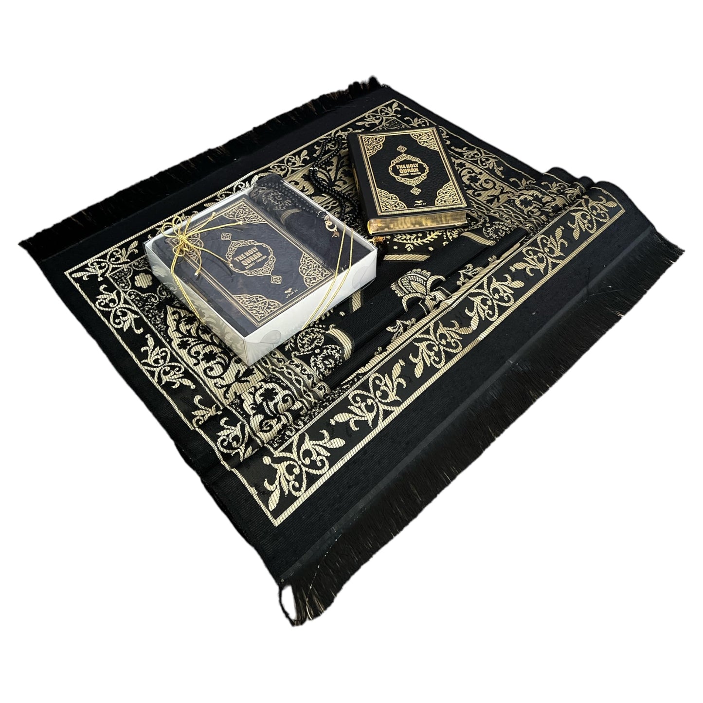 English Translate Thermo Leather Covered Quran, Tafta Prayer Mat and Beads Set |Quran