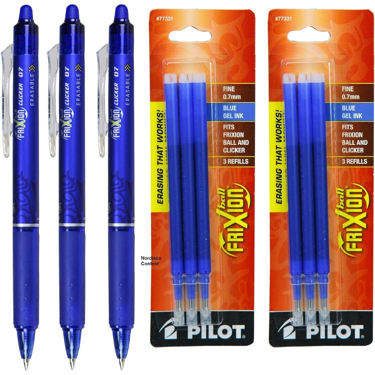 Pilot Frixion Clicker Retractable Erasable Blue Gel Ink Pens, Fine Point 0.7mm - 3 Pens with 2