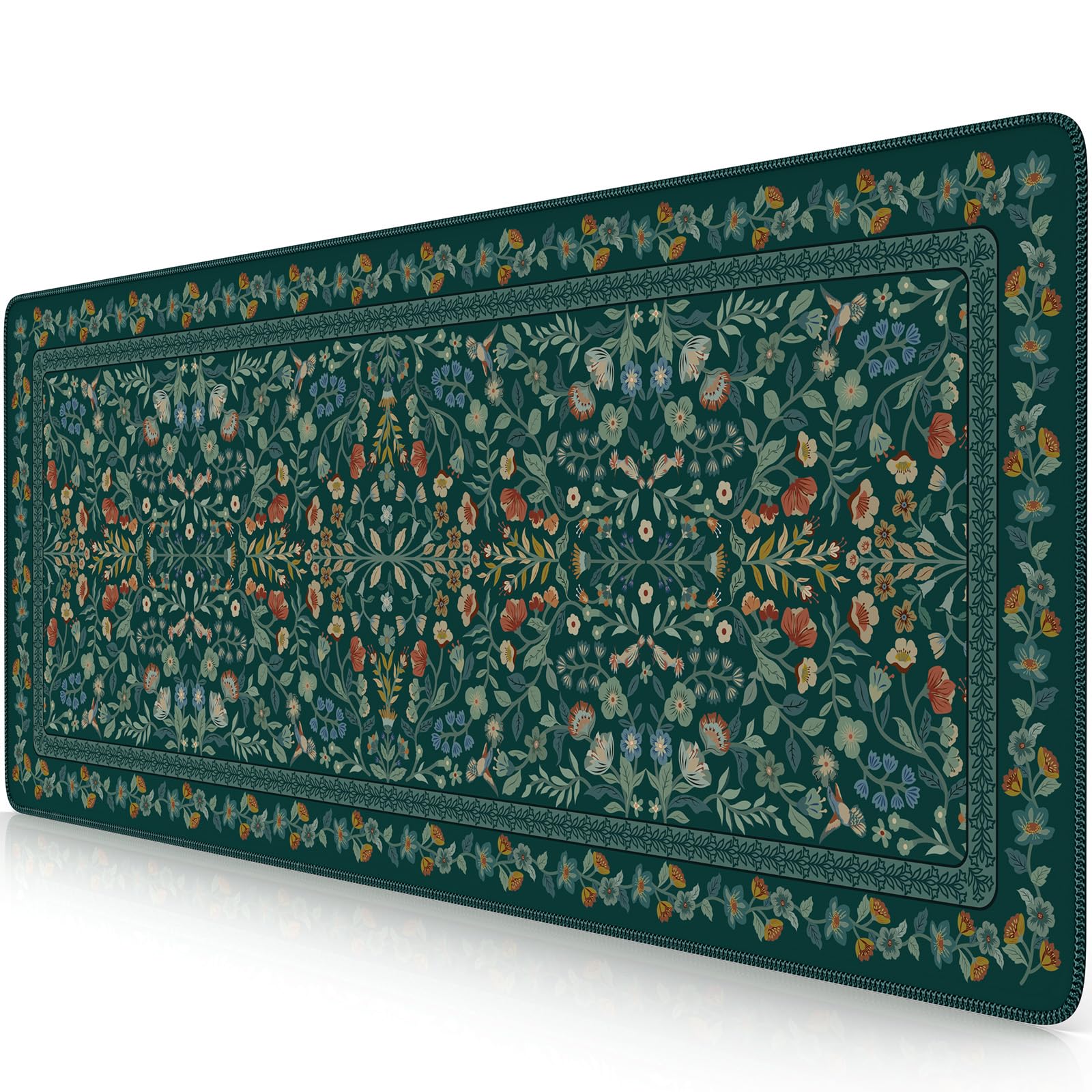 iCasso Aesthetic Floral Desk Mat,Retro Mouse Pads,31.5x11.8in,Deep Green