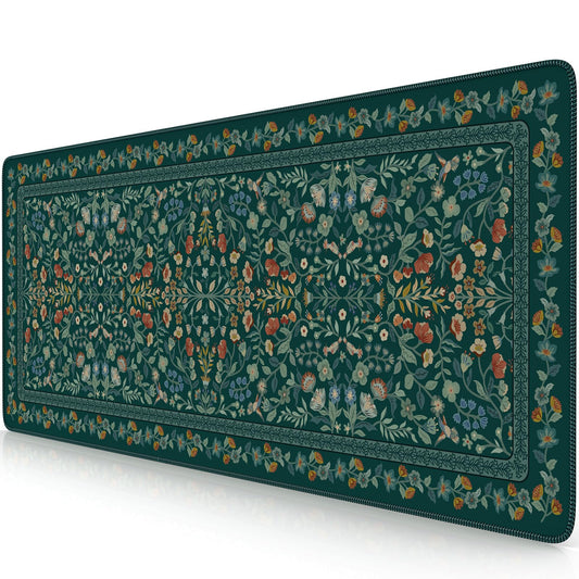 iCasso Aesthetic Floral Desk Mat,Retro Mouse Pads,31.5x11.8in,Deep Green
