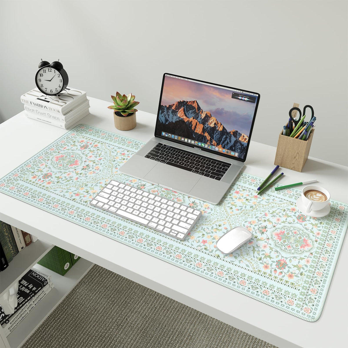 HAOCOO Light Green Floral Desk Pad, 35.4" x 15.7" Mousepad for Home Decor