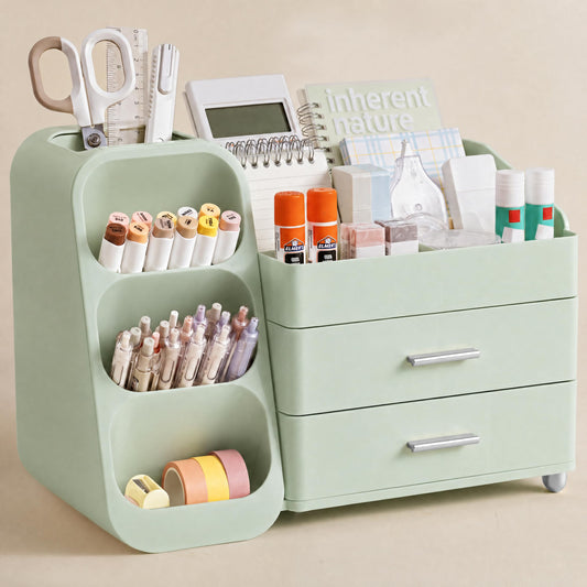 HBlife Desk Organizer with Pen Pencil Holder for Desk, Pen Organizer with 2 Drawers, Desk