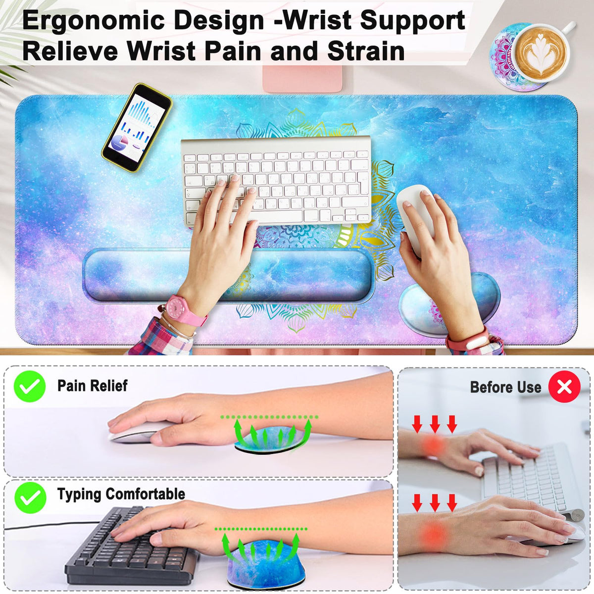 4 in 1 Mouse Pad and Keyboard Wrist Rest,Large Desk Mat,Coaster Set-Star