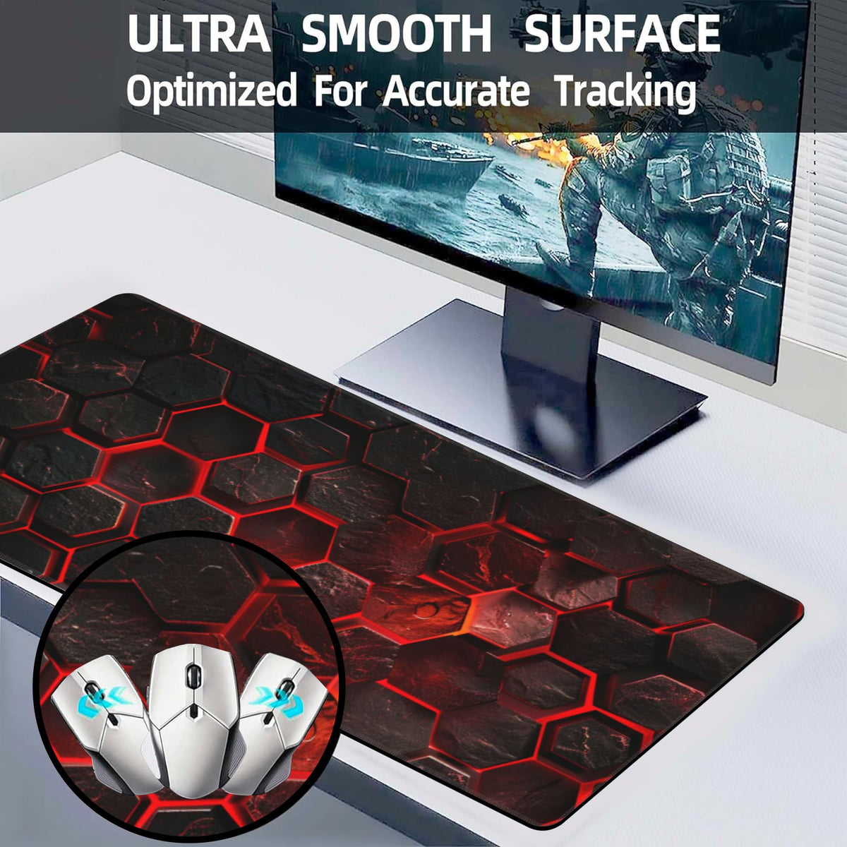 Large Gaming Mouse Pad for Desk,Red Honeycomb Science Technology Desk Mat,Honeycomb Hexagon Desk
