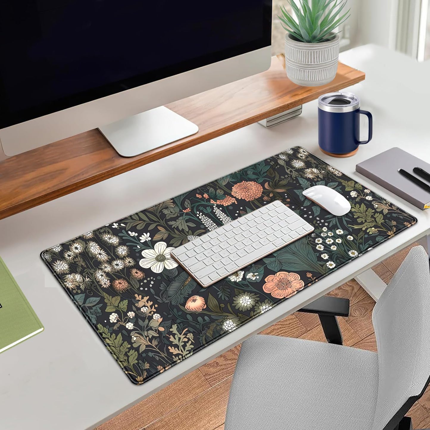 Dark Flower Desk Mat Floral Plants Mouse Pad Boho Aesthetic Wildflowers Large Gaming Mousepad Desk