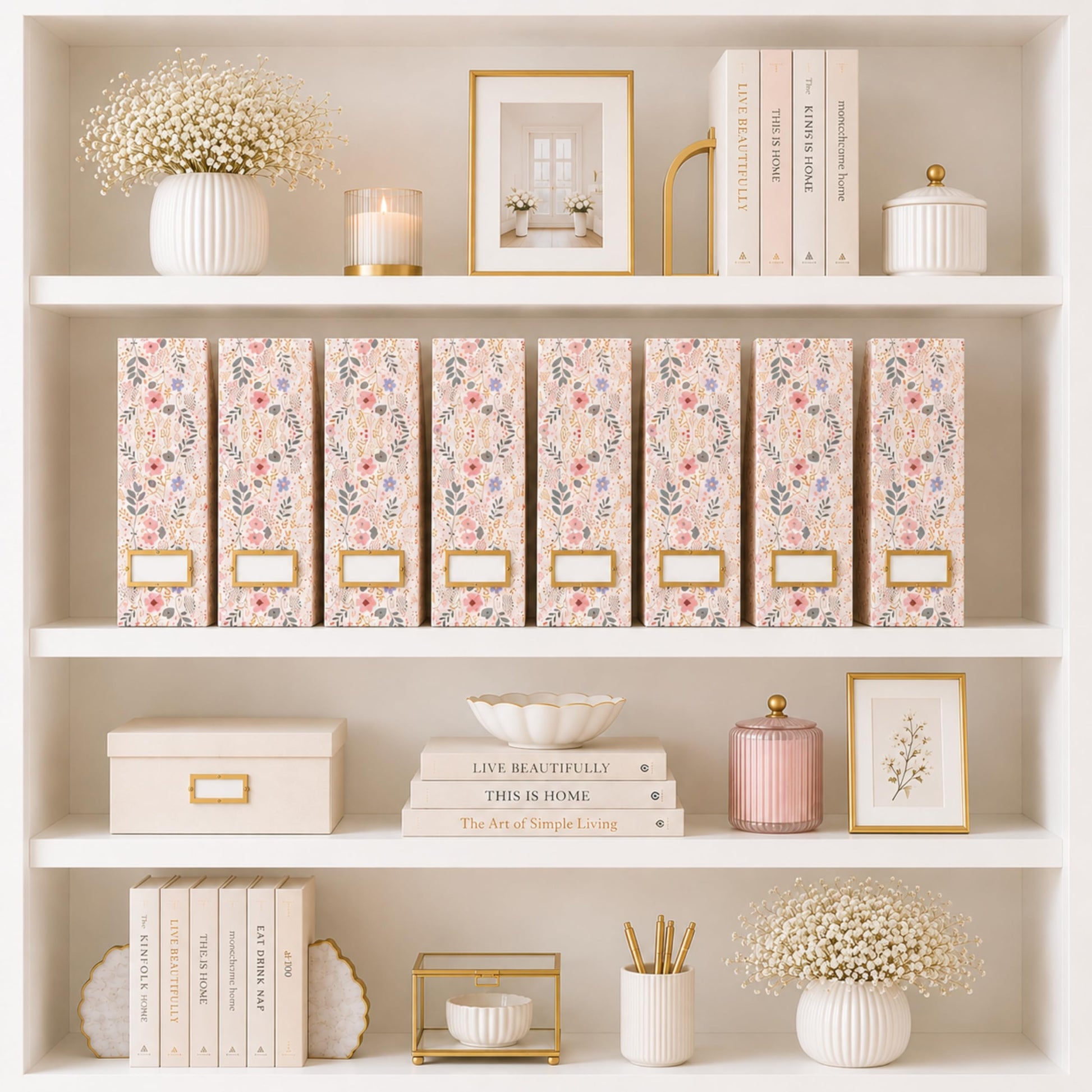 BLU MONACO | Cardboard Magazine File Holder Set of 4 | Standing File Holder with Floral Boho Design