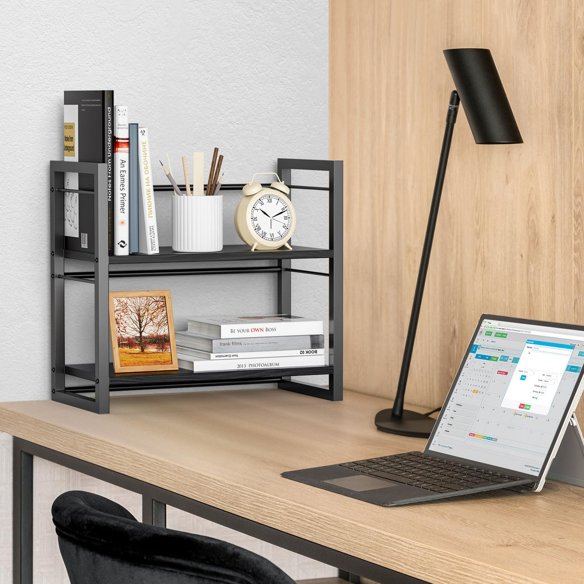 ART-GIFTREE Office Desk Shelf Organizer, Wood Desktop Bookshelf Supplies Storage Rack, Shelf for