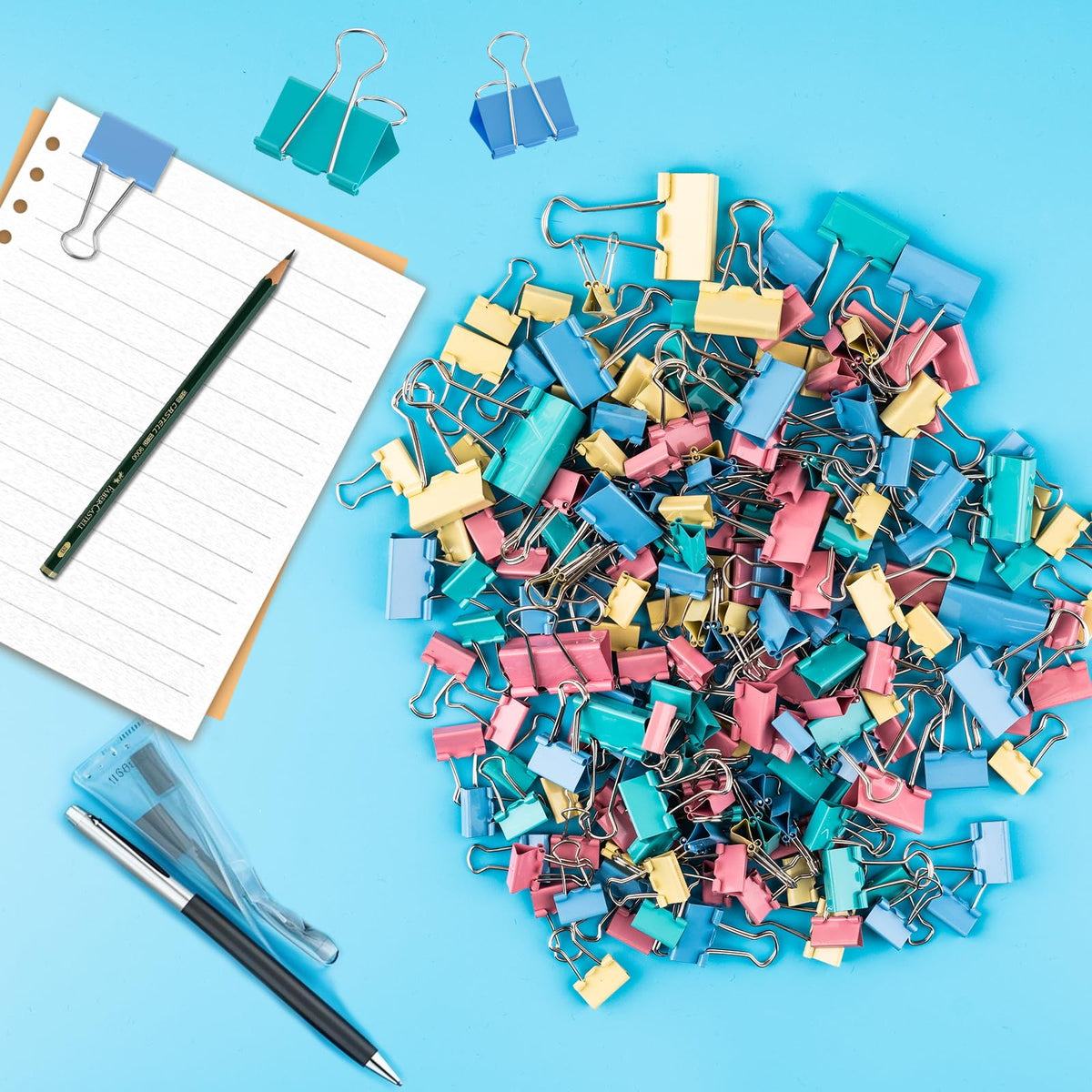 200 Count Colored Binder Clips Assorted Sizes, 4 Sizes Large, Medium, Small, Mini, Metal Paper