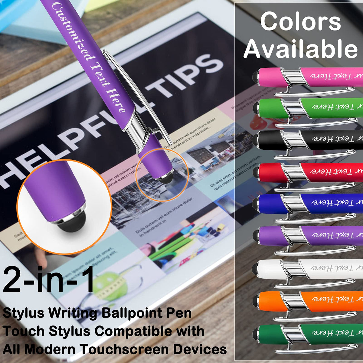 10 Pcs Personalized Pens in Bulk with Stylus Tip - Custom Print with Name 0.5 mm Soft Touch Medium