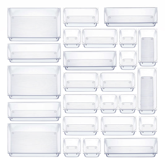Seseno 25 PCS Clear Plastic Drawer Organizers Set, 4-Size Versatile Bathroom and Vanity Drawer